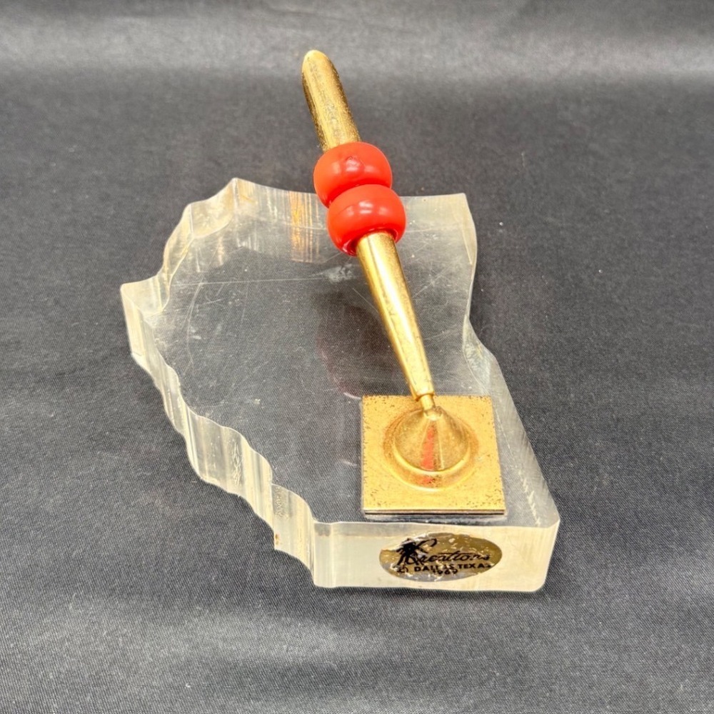 Vintage 1969 Georgia State Lucite Desk Pen Holder Gold Tone Red Bead Creations